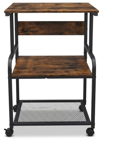 KOMTWNM 3-Stufiger Druckertisch mit Rollen, Druckerständer aus Holz & Metall 50x40x80 cm, Rolltisch bis 70 kg belastbar, Industriestil für 3D-Drucker & Heimbüro