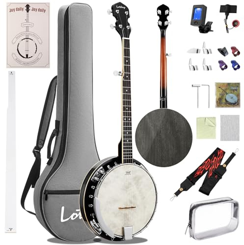 Lotkey 96.5 cm 5 String Banjo Remo Drum Head Full Size Banjos Abnehmbarer Resonator mit Anfängerhandbuch Banjo Saiten Brücke Stimmgerät Fingerplektren Gurt für Erwachsene Professionell (Glänzendes