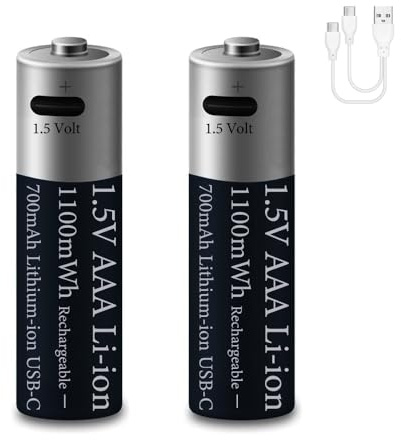 2 Pack 1.5V AAA 1100mWh Lithium Piles Rechargeables, 1.5Volt AAA 700mAh Li-ION Pile pour Télécommande/Manette/Jouet/Radio, 2 en 1 USB Type-C Câble, 1200 Cycles Chargement, 2 Heures Rapide