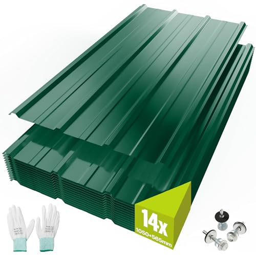 Mondeer 14x Trapezbleche, 8 m² Dachblech aus verzinktem Stahl | 105cm x 56cm verzinkter Stahl, 0,25 mm stark, inkl. 100 Schrauben und Montagehandschuhe für Carports