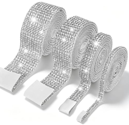 HJZHII 4 Rollen Strassband Selbstklebend, 4 Größen Glitzerband Strassband | Selbstklebende Glitzersteine Klebeband Bling Aufkleber Silber Kristall Strassband Streifen für Hochzeit Deko Heimdekoration
