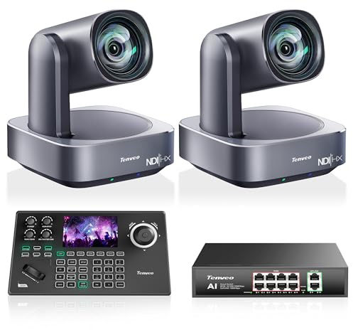 Tenveo PTZ Camera and Controller Bundle/Kits - 4K 12X AI Tracking HDMI/USB3.0/LAN(PoE) NDI PTZ Camera(2PCS) and 5'' LCD Screen NDI Joystick Controller + PoE Switch for Church Events Live Streaming