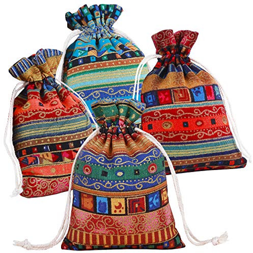 Pinowu Leinen & Baumwolle Sackleinen Taschen 13x18cm mit Kordelzug (12 Stück), Ethnischer Stil Geschenktüten Schmuckbeutel für Hochzeitsfest und DIY Craft Natur Säckchen