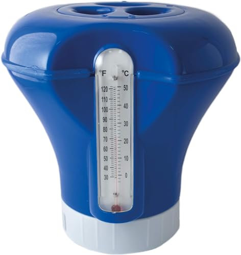 SIQUA Dispensador de Cloro Flotante con Termómetro – Dosificador Automático para Piscina y SPA, Liberación Controlada de Cloro, Termómetro Integrado, Uso Fácil y Duradero