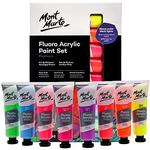 Mont Marte Acrylfarben Set – Fluoreszierend, Neon – 8 Stück, 36 ml Tuben – Ideal für Acrylmalerei – Neoneffekt, leuchtet unter Schwarzlicht