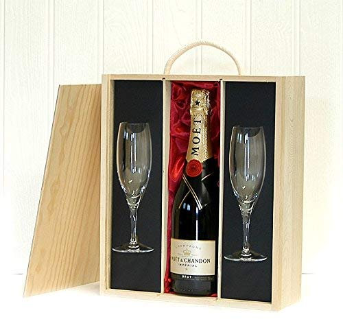 Moet & Chandon Brut Imperial Champagne 75cl and 2 Glass Flutes in a Wooden Presentation Case by Fine Food Hampers