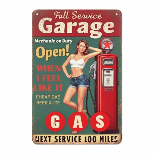 AOYEGO Pin Up Tin Sign,Full Service Garage Sexxy Women Stand Leaning Against The Gas Station Vintage Metal Tin Signs for Cafes Bars Pubs Shop Decorative Funny Retro Signs for Men Women 8x12 Inch
