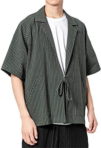 Yukata Haori Herren Kimono-Cardigan mit Tasche, Baumwollleinen, gestreift, Grün , Large