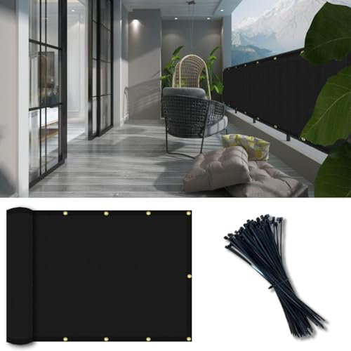 Vocray 0.9X3M Privacy Screen for Balcony Apartment Railing, Sun Protection Balcony Netting, Wind and Dust Barrier，Mesh Fabric for Outdoor Privacy Shield, Pool, Terrace, Patio, Fence Cover(Black)