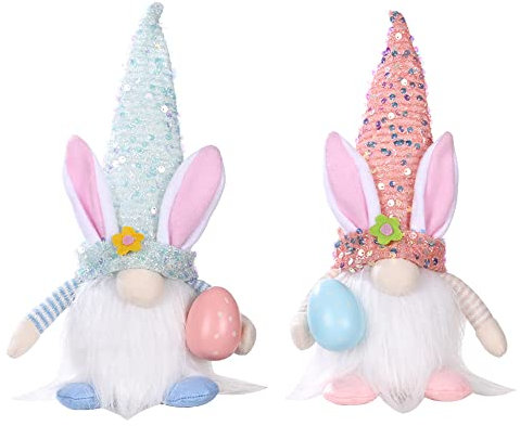 Super Idee 2er Set Osterwichtel mit Eier Paillettenhut Hasenohren Ostern Wichtel Hasen Ohren Puppen Set mit Beleuchtung süße Gnom Tomte Tischdekoration für Kinder Ostern Festliche Geschenk