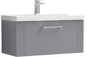 nuie DPF296D Deco Modern Bathroom Wall Hung 1 Drawer Part Fluted Vanity Basin Unit with Thin-Edge Ceramic Basin, 800mm, Satin Grey