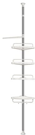 MINGYI Étagère de Douche Télescopique, 4 Étagère, Étagère Salle de Bain en Acier Inoxydable et Plastique, Étagère d'angle Douche sans Perçage, Réglable en Hauteur 120-304 cm (Beige)