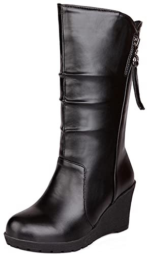 Lroey Reoly Stivali da Donna a Metà Polpaccio con Zeppa, Stivali Invernali Casuale Senza Chiusura Stivali Alti Tacco Alto Punta Rotonda con Plateau Stivali Invernali 288 Nero-Dl Numero 34 EU