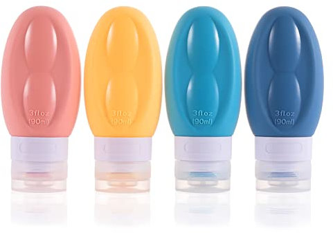 4 Stück Reiseflaschen Set,90ml Silikon auslaufsicher flüssigkeitsquetschbar nachfüllbar tragbar Reisegröße,BPA-frei,Reisezubehör Kosmetikbehälter für Toilettenartikel Shampoo,Conditioner,Lotion