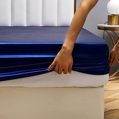 Spannbettlaken Satin 160x200cm Blau Seide Boxspringbett Glänzend Muster Glatt Bettlaken Seiden Spannbetttuch 160 x 200cm Uni Spannbetttücher für Topper Hohe Matratze bis 25-30 cm