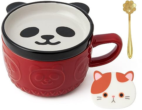 Panda Mug with Lid & Spoon, Animal Coffee/Soup/Tea Cup - Coaster Included - Perfect Gifts for Teachers, Friends, Birthdays, Graduation, Father's Day, Mother's Day, Christmas (Red)