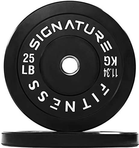 Signature Fitness Discos de peso olímpicos de 2 pulgadas con cubo de acero, 25 lbs, par negro de goma virgen