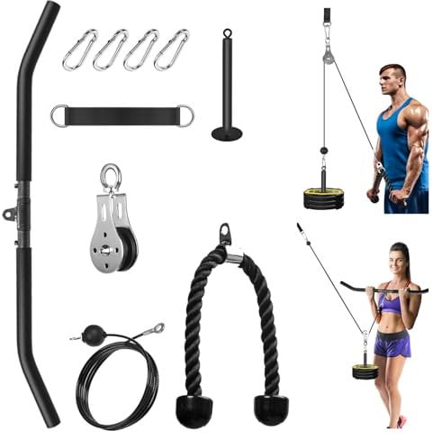 Kabelzug Fitness Kabel Latzug Fitness Bizeps Rücken Trainingsgerät DIY Kabelzug Pulley System Latzugmaschine Arm Krafttraining Home Gym Workout Equipment (Set mit Trizepsseil, Latzugstange)