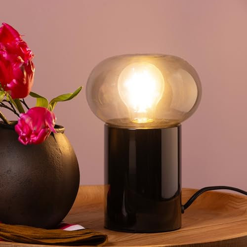 Lightbox lampe de chevet moderne - 25 cm de hauteur & 15 cm de diamètre - lampe de table avec couvercle en verre fumé & interrupteur - pour chambre à coucher - en verre/métal noir mat/fumée