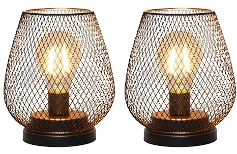 TRIROCKS Set of 2 Outdoor Vintage Decorative Battery Operated Table Lamp, Metal Cage Cordless Lanterns with LED Bulb for Weddings, Parties, Patio, Events for Indoors Shelf Decor