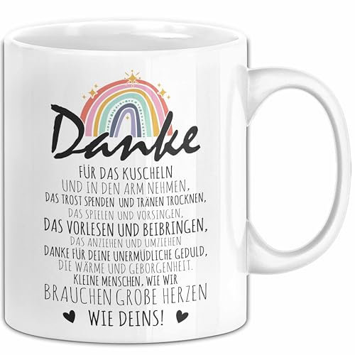 Erzieherin Abschiedsgeschenk Tasse Abschied Kindergarten Geschenkidee Kaffee-Becher Spruch Danke Für Das Kuscheln (Weiß)