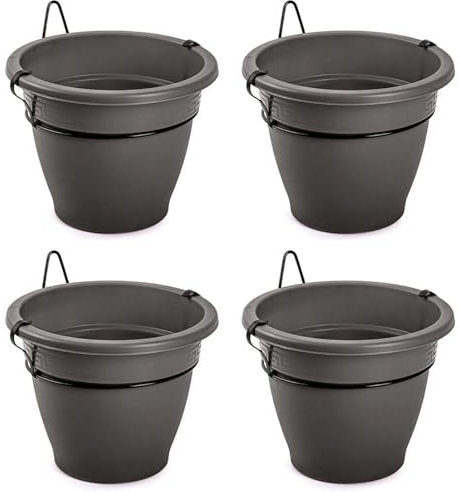 Acan Tradineur Lot de 4 pots de fleurs ronds en plastique avec support mural, pot suspendu, récipient, plantes, fleurs, balcon, véranda, maison, fabriqué en Espagne Anthracite Ø 25 cm