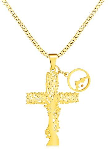Oneress Noble Gold Religious Olive Tree Shaped Hollow Cross Link Necklace, Stainless Steel Bible Tree Shaped Cross Necklace with Round Mustard Seed for Love Jewelry Gift YA4473
