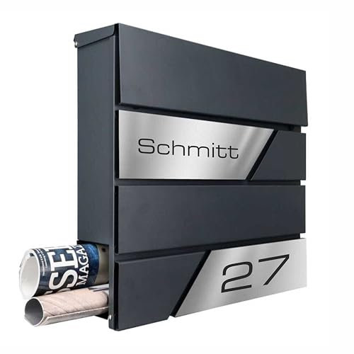 Zalafino Briefkasten Anthrazit RAL7016 mit 2 Edelstahlblenden und individueller, personalisierter Beschriftung