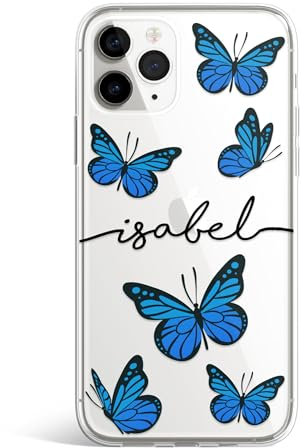 Personalised Phone Case for - iPhone 11, Cute Butterfly Clear Case Butterflies Pattern Cover Custom Name Initials Soft TPU Rubber Case - Blue Monarch Black Text