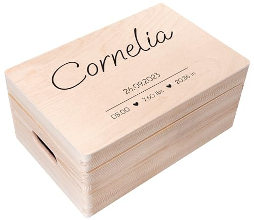 Creative Deco Erinnerungsbox Baby Personalisiert mit Namen | 30 x 20 x 14cm | Herzen | Individuelle Erinnerungskiste Geschenk zur Geburt für Mädchen und Jungen | Holzkiste mit Deckel, Zeitkapsel