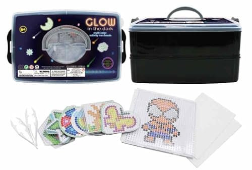 HPT Midi Bügelperlen Dose mit 10.000 Leuchtperlen (Glow in the Dark) mit 6 Stiftplatten, Pincette, Bügelpapier und 40 Papiervorlagen (Dose mit 10000 Leuchtfarben)