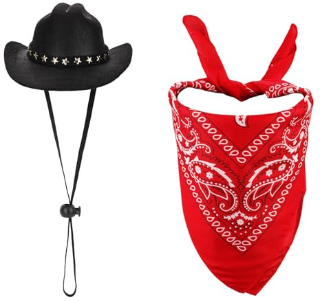 Costume da Cowboy per Animali, Costume da Cowboy per Cani Cappello da Cowboy per Cani e Bandana per Cani Sciarpa Costumi Halloween Cani Vestito per Cani di Piccola Taglia (Nero, Rosso)