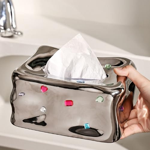 Taschentuchbox, Keramik-Taschentuchbox-Abdeckung, Auto-Taschentuchhalter, Taschentuchspender, Kosmetiktuchspender für Badezimmer, Zuhause, Schreibtisch, Dekoration (Silber)