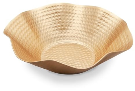 Wave Edge Bowl, Scalloped Design, Wabi Sabi, Bloom Shape, Large Decorative Hammered Metal, Modern Handicraft Bowls for Home Decor, Fruit Bowl for Kitchen, Stylish Key Bowl (Gold Brass Color)