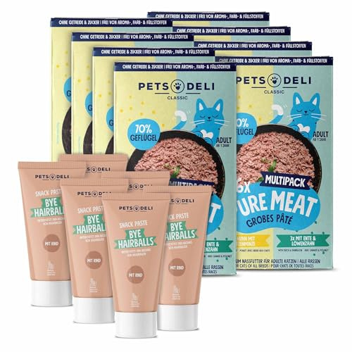 Pets Deli Bundle für Katzen Pure Meat Nassfutter & Hairball-Snack, 960g | Pure Meat Nassfutter Multipack und Anti-Hairball Snack Paste, getreidefrei, ohne Zucker, Premium Qualität