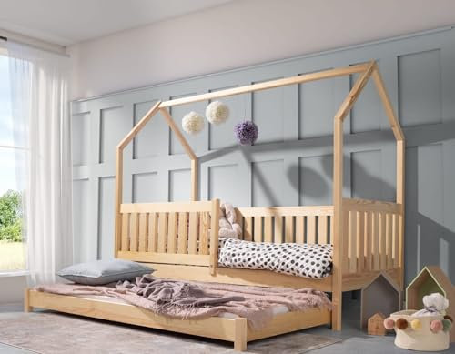 KEF-MEBLE Bett Oli Haus Ebenerdig Doppelbett Kinder – Kinderbett – Massives Kiefernholz – Lackiert – Höhe 155 cm - 80x170 Mit Rausfallschutz Ohne Matratze