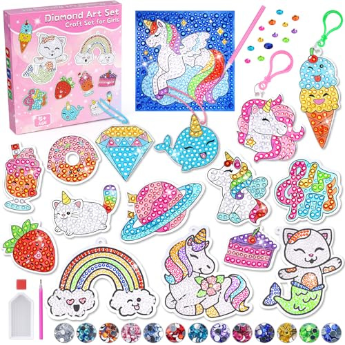 Craft Kits for Kids age 7-8-10-11, Unicorn Gifts for Girls 5 6 9 12 Year Old Diamond Arts and Crafts for Kids Girls Birthday Presents for 6-8-9 Year Old Toys Party Bags Fillers Cute Stickers Keyring