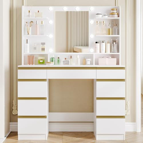 Hzuaneri Dressing Table with 10 LED Light Globes, Vanity Desk with 1 Large Drawer and 8 Small Drawer Cabinets, Adjustable Brightness, Large HD Mirror, 9 Open Storage Areas, White-Gold DT35703X