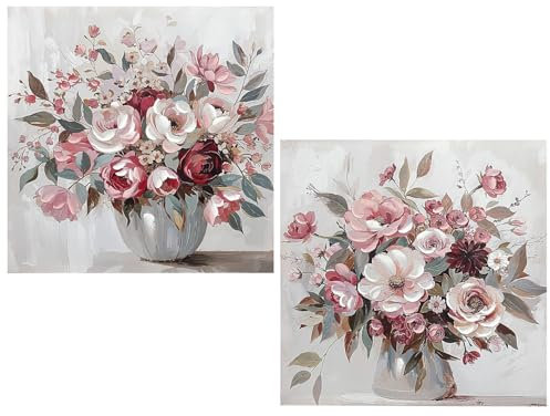 DRW Bestpricepictures Tableau sur toile avec vase et fleurs peint à la main en blanc, roses et vert 60 x 3 x 60 cm