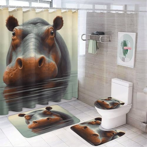 peiyeety 4-teiliges Duschvorhang-Set für Badezimmer, mit 12 Haken, Badematte, Toilettendeckel, Nilpferd-Dekor-Set