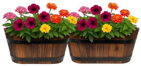 Oval Wooden Planter 32cm Burnt Wood Effect Garden Container Rustic Barrel Style Flower Herb Pot with Metal Banding for Outdoor Patio Balcony Use – With Drainage Hole (2, 32 cms (WOODAI))