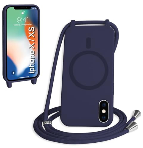 FMPCUON Magnetisch Handykette für iPhone X/XS Hülle,Necklace Hülle mit Bands Handyhülle für zum Umhängen Kordel,kompatibel mit Magsafe Silikon Case mit Handykordel,Blau