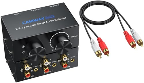 CAMWAY 2(1) In-1(2) Out RCA L/R Stereo Audio Switch, Bidirektionaler Audioschalter mit Lautstärke-/ Off Schaltknopf, Passiv Stereo Aux Umschalter für Lautsprecher Kopfhörer Verstärker CD-Player usw.