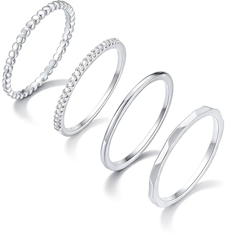 Meteorstarry 4 Stück Ringe Silber, Ring Stack Damen Silberring 925 mit Cubic Zirkonia, Damenring Fingerring Set Verlobungsring Wasserfester Geschenke Schmuck für Paar Teenager Mädchen(Größen 7)
