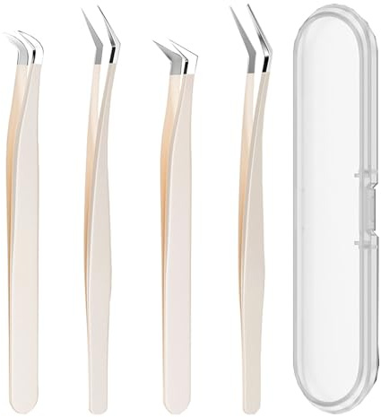 4 Piezas Pinzas Pestañas Pelo a Pelo con Caja de Almacenamiento Transparente,Pinzas Depilar Acero Inoxidable para Pestañas, Arte de Uñas,Maquillaje, Beige