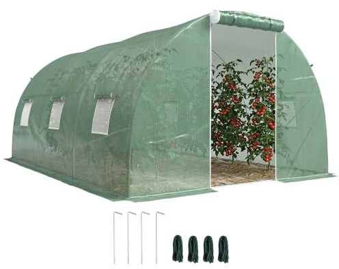 Outsunny Invernadero de Exterior 4,5x3x2 m Puerta Enrollable Anti-UV Verde | Invernadero de Túnel, 6 Ventanas de Malla, Cubierta PE 140g/m², Marco de Acero Galvanizado, Impermeable, para Cultivos
