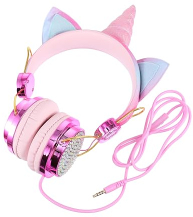Didiseaon Gaming Headset over Ear Adjustable Unicorn Cat Ear Headphones Mic for Computer Pc Rose Gold Wired Style