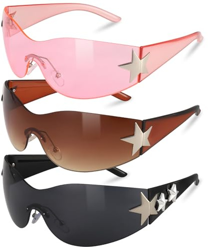 Apricitie 3 Stück Randlose Y2K Sonnenbrille, Trend Wrap Around Sonnenbrille für Damen Herren, Vintage Brille Wraparound mit Stern Sunglasses für Sonnenschutz im Alltagskleidung