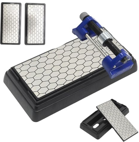 MospdyGear Dual-Sided Diamond Sharpening Stone 400/1000 Grit with Blue Metal Angle Guide, Non-Slip Base and Dust Cover, for Kitchen Knives, Scissors, Chisels