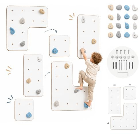 MAMOI® Indoor-Kletterwand mit Griffen, Moderne Kletterwand für das Zimmer, weiße Holzwerkstoffplatte, Kletterset zur Montage